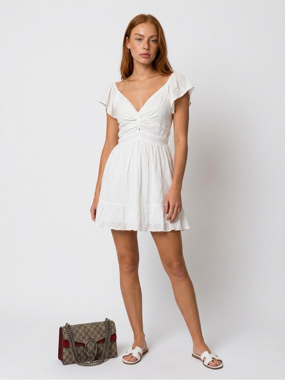 Angie White Embroidered Boho Mini Dress Twist Front Flutter Sleeve M Y2K Summer